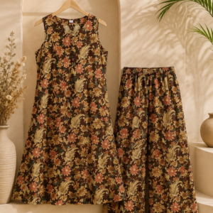 Brown Floral A-Line Kurti with Matching Palazzo Pants