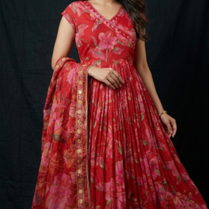 Red Floral Angrakha Design Frock Set