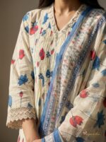 Close-up of V-neck collar embroidery, chest pin-tucks, and red and blue lotus print