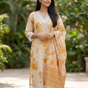 Front view of the mustard yellow and white printed cotton kurta set with trousers and matching dupatta