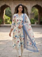 Full ensemble view showing off-white floral kurta, matching straight pants, and draped sheer dupatta
