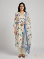 Front view of off-white V-neck lotus print cotton kurta with three-quarter sleeves