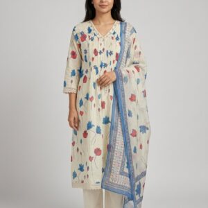 Front view of off-white V-neck lotus print cotton kurta with three-quarter sleeves