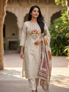 Woman wearing an off-white silk-blend embroidered kurta set with a printed dupatta
