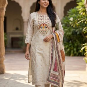 Woman wearing an off-white silk-blend embroidered kurta set with a printed dupatta