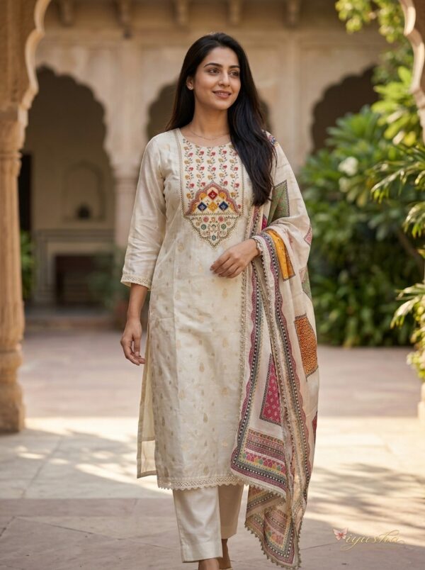 Off-White Peacock Embroidered Kurta Set Front View Woman wearing an off-white silk-blend embroidered kurta set with a printed dupatta