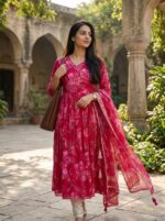 Full front view of the model wearing the elegant Rani pink festive garment.
