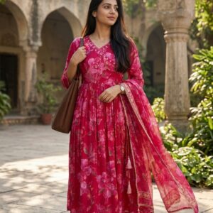 Full front view of the model wearing the elegant Rani pink festive garment.