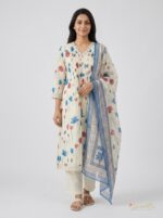 Sheer lotus floral printed dupatta featuring a patterned blue geometric border